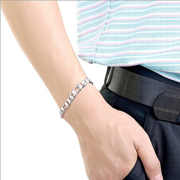 CUBAN FIGARO STERLING SILVER CHAIN LINK UNISEX 8MM BRACELET SET - Picture 2 of 2